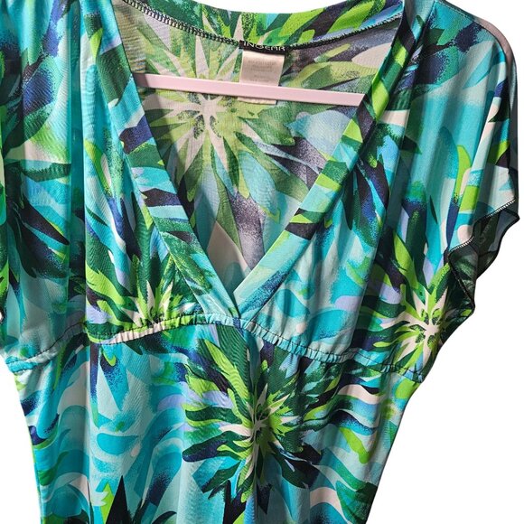 Tropical Floral V-Neck Dress In Vibrant Green & Blue Ingear Brand Medium Size Po - Picture 2 of 5